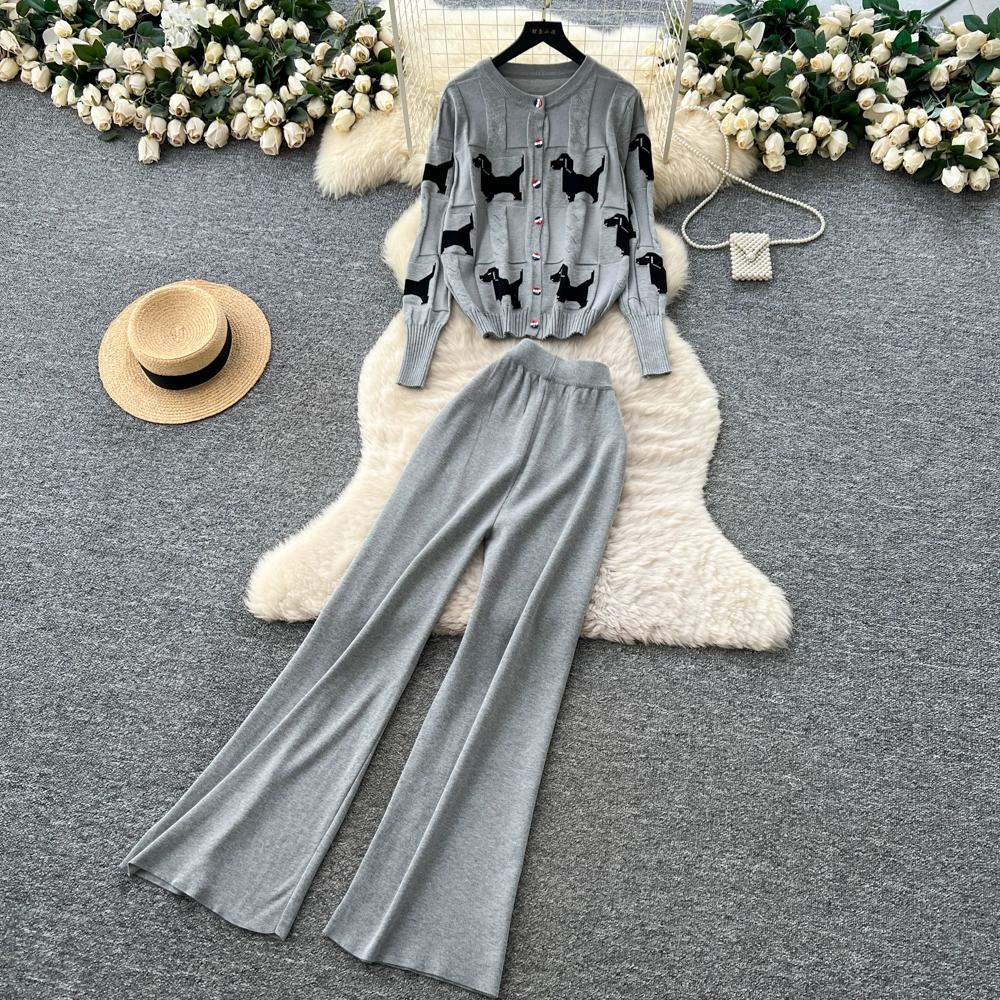 

Осень Зима Женский Дизайнерский Вязаный Свитер с Узором Собаки и Брюки Комплект из Двух Предметов Однобортный Кардиган Топы и Брюки с Широкими Штанинами Спортивный Костюм One Size серый