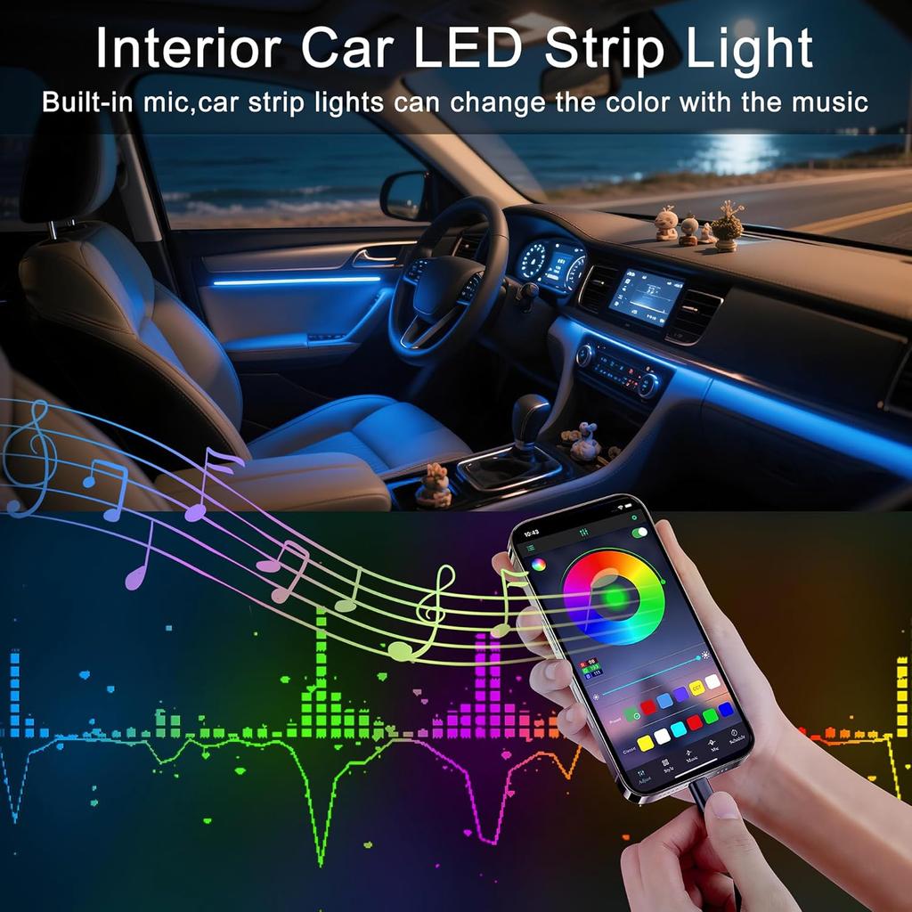 Interior Car LED Lights Wireless APP Control 5 In 1 RGB Ambient Lighting Kit With 236" Fiber Optic, 16 Million Colors Music Sync Waterproof LED Strip