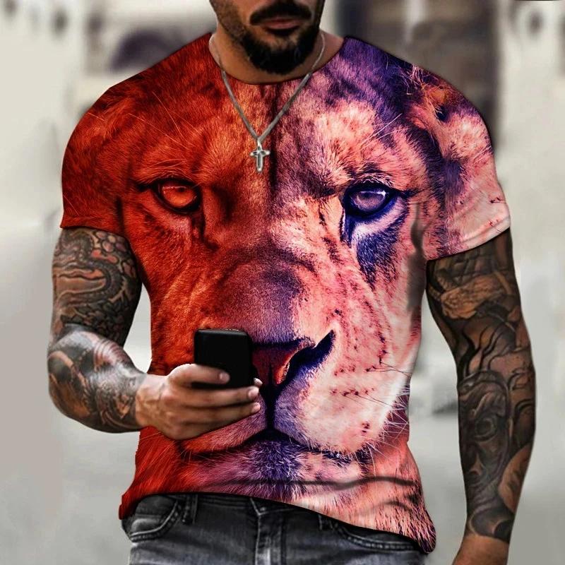 Summer Round Neck 3D Lion Print Top Fashionable Casual Short Sleeved Men's T-shirts