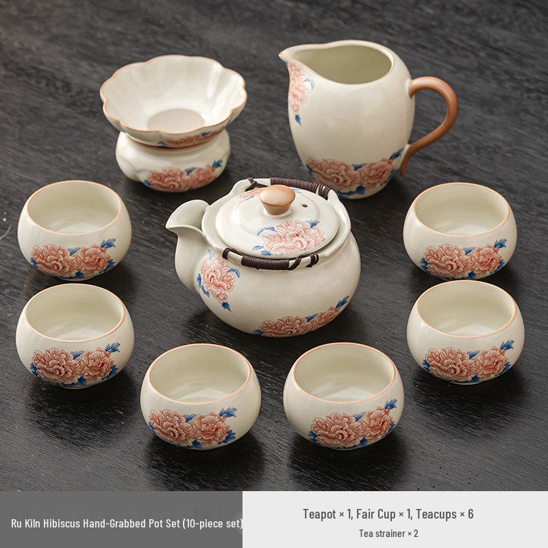 High-grade Beige Ru Kiln Hibiscus Ceramic Tea Set – Includes Teapot, Teacups, and Teaplate for Kung Fu Tea Ceremony, Suitable for Home and Office.