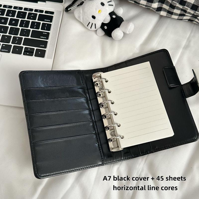 Kawaii Kitty A7 Retro Small Notebook Black Faux Leather Binder Portable Diary Set With Card Holder Student Stationery Supplies