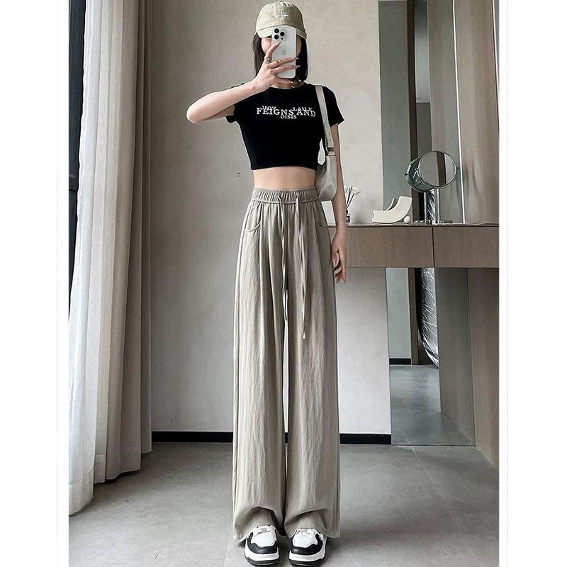 

Черные летние тонкие брюки с широкими штанинами, высокой талией и кулиской Medium хаки