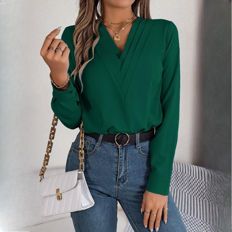 Damen Frühling und Herbst Elegantes einfarbiges Lagen-V-Ausschnitt Langarmshirt