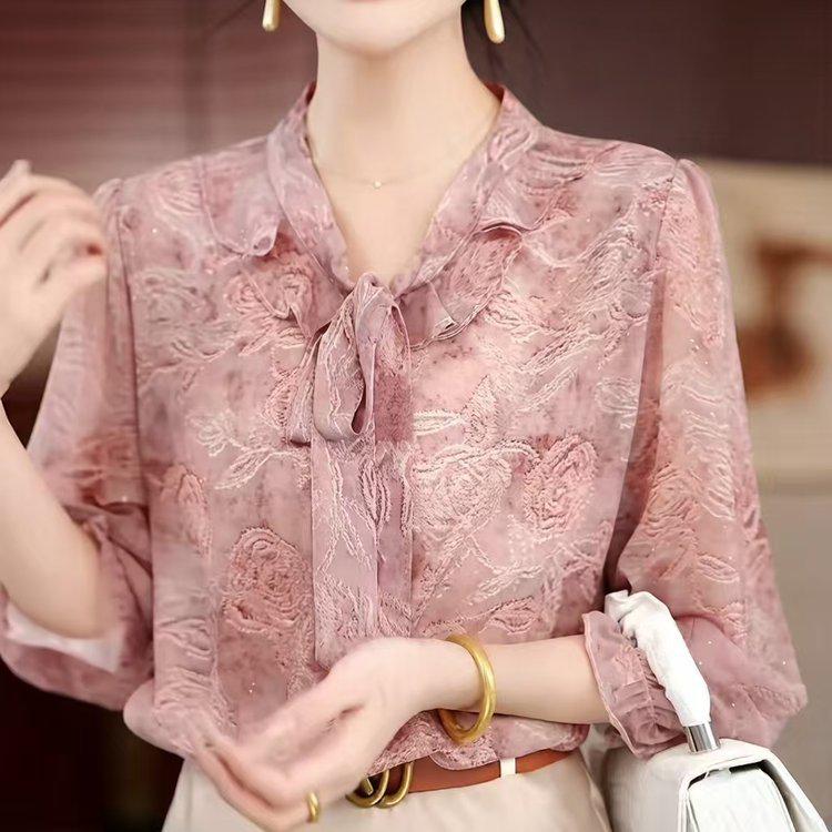 Elegant V-Neck Bow Blouse - Pink Lace Chiffon, Plus Size, for Middle-Aged & Elderly XL