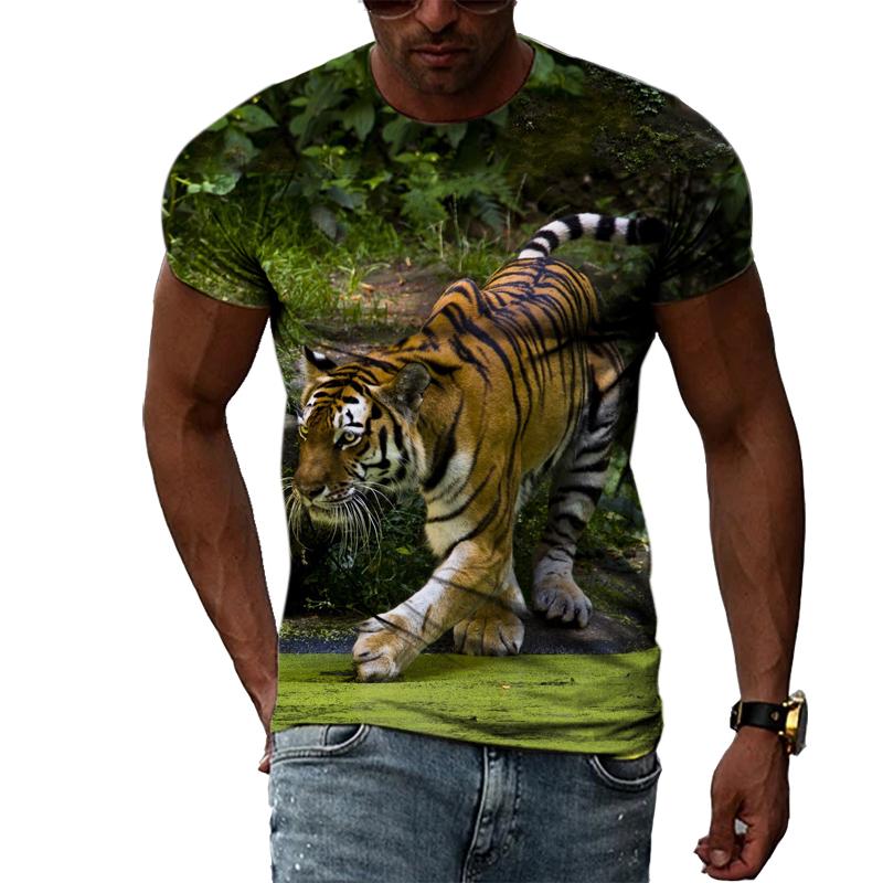 Fashion Handsome Animal Tiger Print Men T-shirt Summer Trend Casual Personality Hip Hop Street Style O-neck Short Sleeve T-shirt