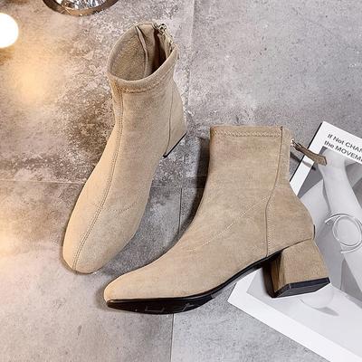 Botas femininas de tornozelo estilo britânico primavera outono rebanho veludo estiramento botas casuais botas de couro preto