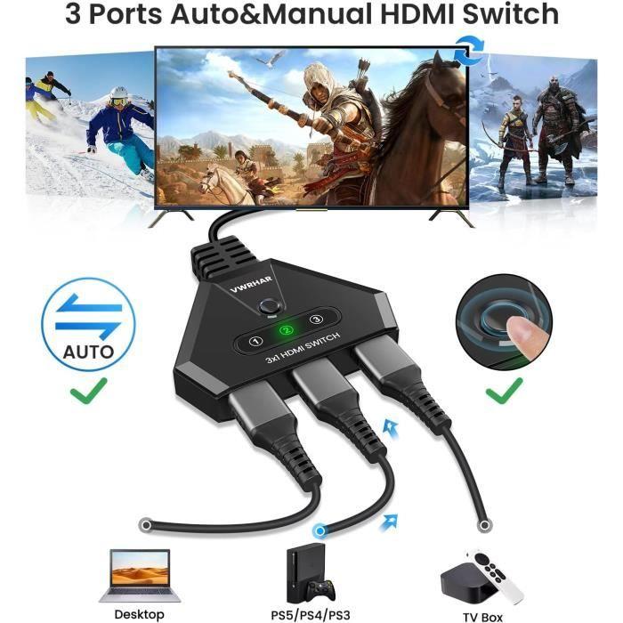 Commutateur HDMI 4K - GENERIC - 3 Entrées 1 Sortie - True 4K - 18 Gbit/s - Plug and Play