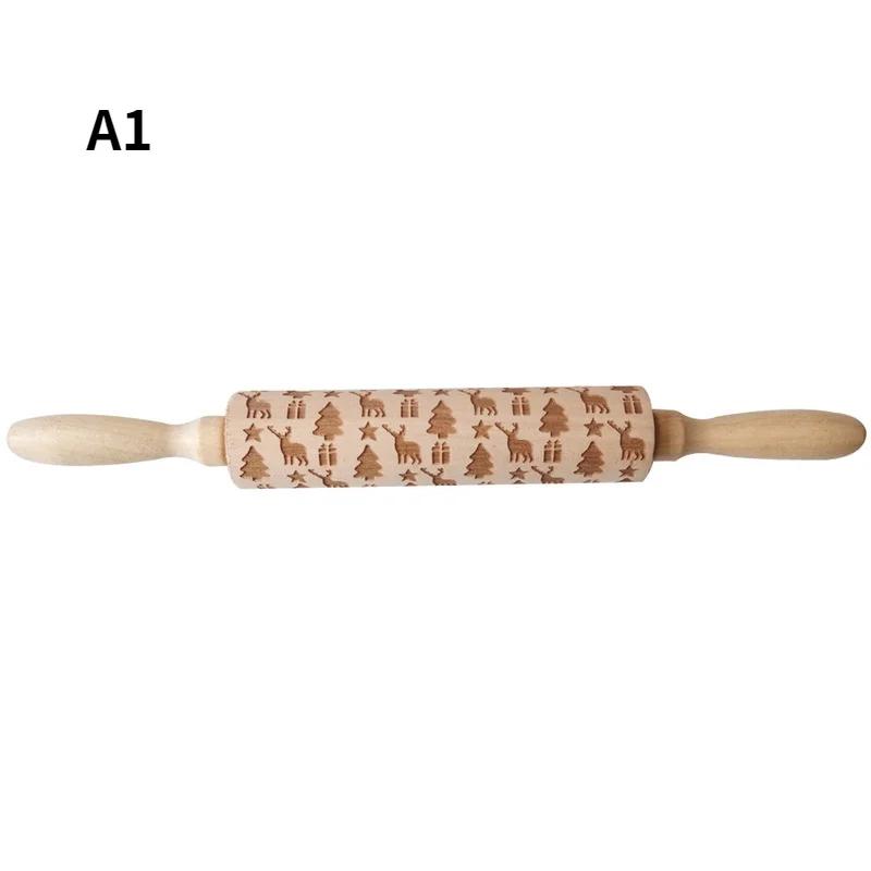 Christmas Elk Pattern Kitchen Supplies Rolling Pin Wooden Laser Carving Roller Embossed Rolling Pin Household Baking Small Tools