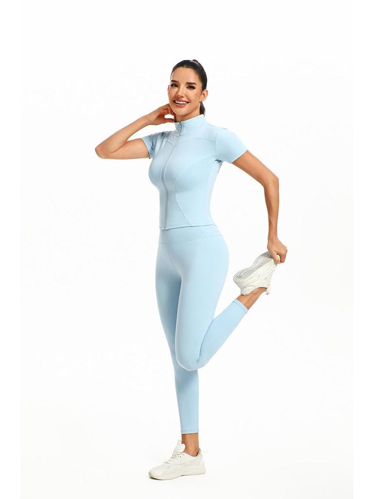 European & American Solid Color Yoga Two-Piece Set: Short Sleeve Top & Nine-Point Pants