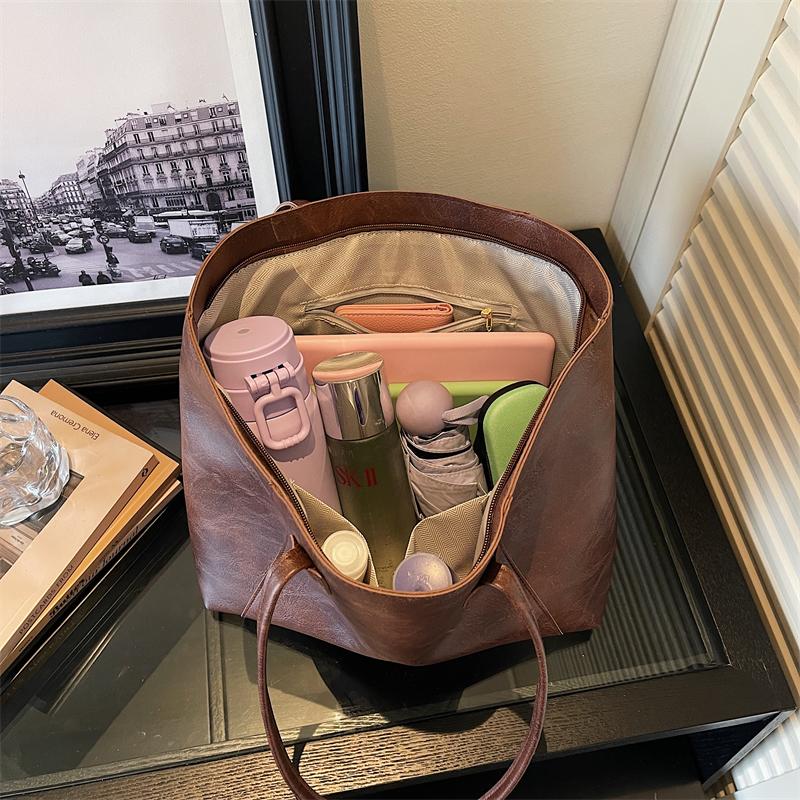 Vintage PU Tote Bag with Top Handle Large Capacity Everyday Fashion Shoulder Bag