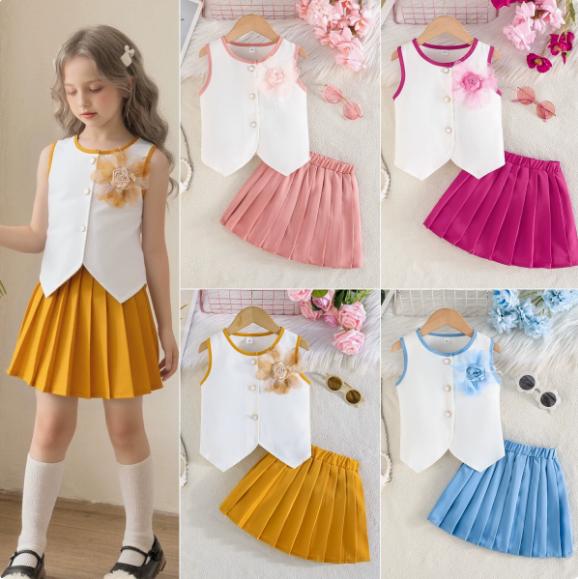 2PCS Girls Floral Applique Sleeveless Vest & Pleated Skirt Set, Casual Summer Two-Piece Outfit