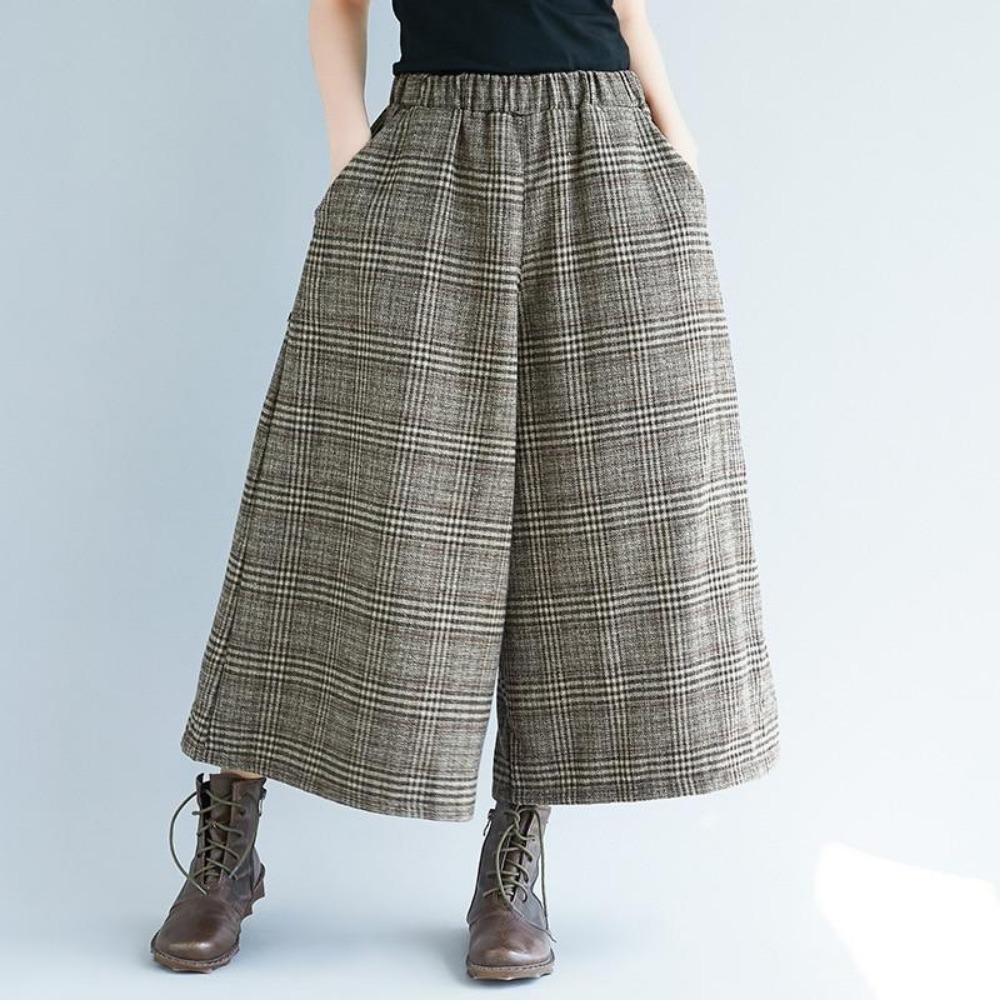 Johnature Casual Wide Leg Loose Plaid Women Pants Elastic Waist Calf Length Office Lady Women Pants