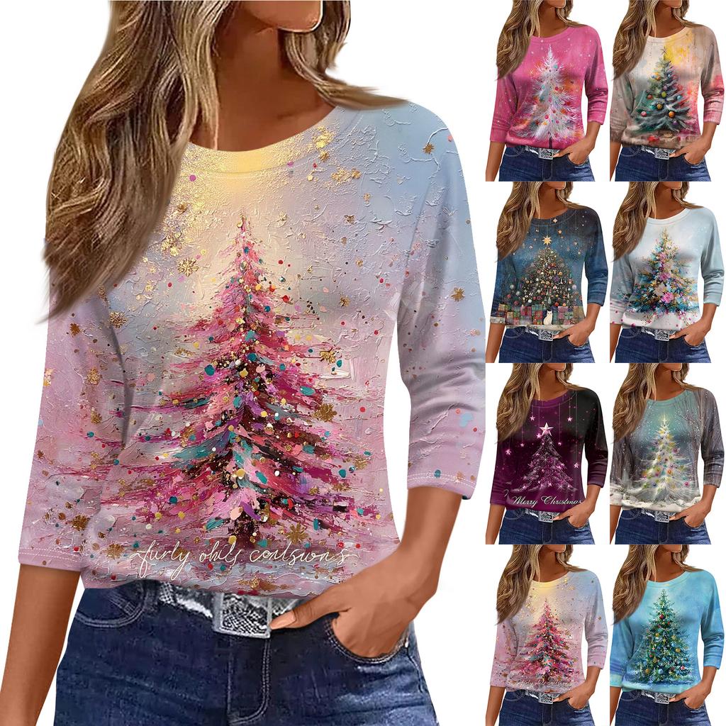 Women's Fashionable Casual Three Quarter Sleeve Christmas Printed Round Neck Top