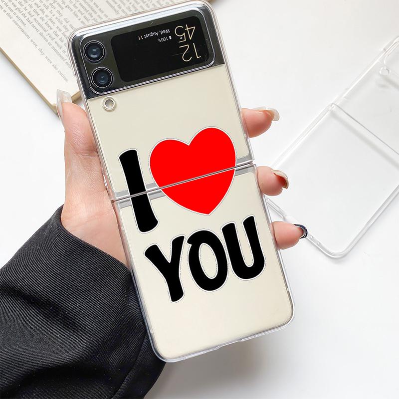 I Love You Pink Heart Fashion Phone Case For Samsung Galaxy Z Flip 3 4 5 6 7 Hard Folding Z Flip4 Clear PC Cover Protector Gift