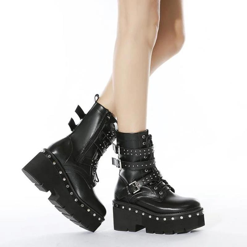 Fashion Sexy Buckle Women's winter high boots Leather Block Heel Gothic Black Punk Style Platform Shoes Female Footwear Women's shoes