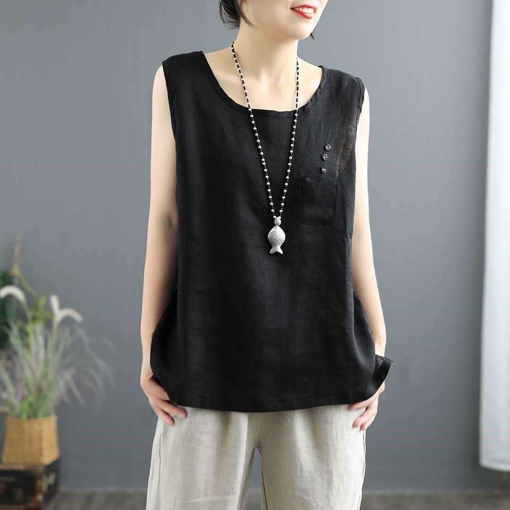 Women's Cotton and Linen Artistic Style Vest Women's Solid Color Patchwork Sleeveless Round Neck Shirt