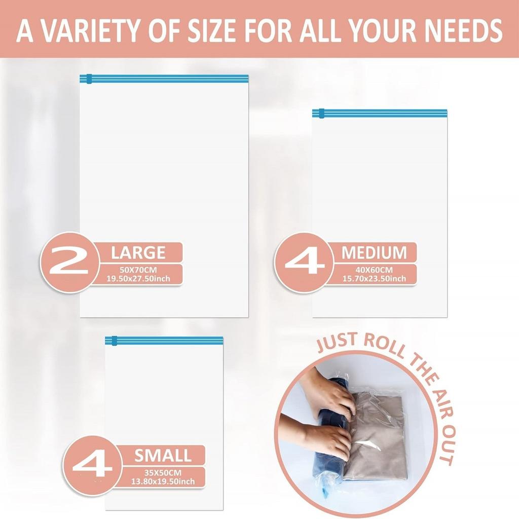 12PCS Compression Bags Travel Reusable Roll Up Vacuum Storage Bags Space Saving Packing Bags for Suitcases Organizer