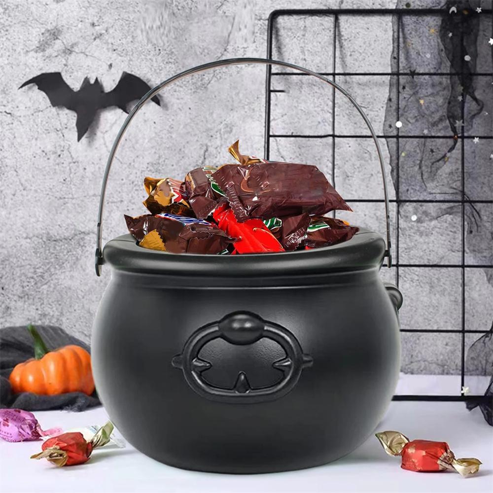 Halloween Candy Bucket Jar Trick Or Treat Black Plastic Cauldron Witch Bowls with Handle Halloween Party Decorations Props