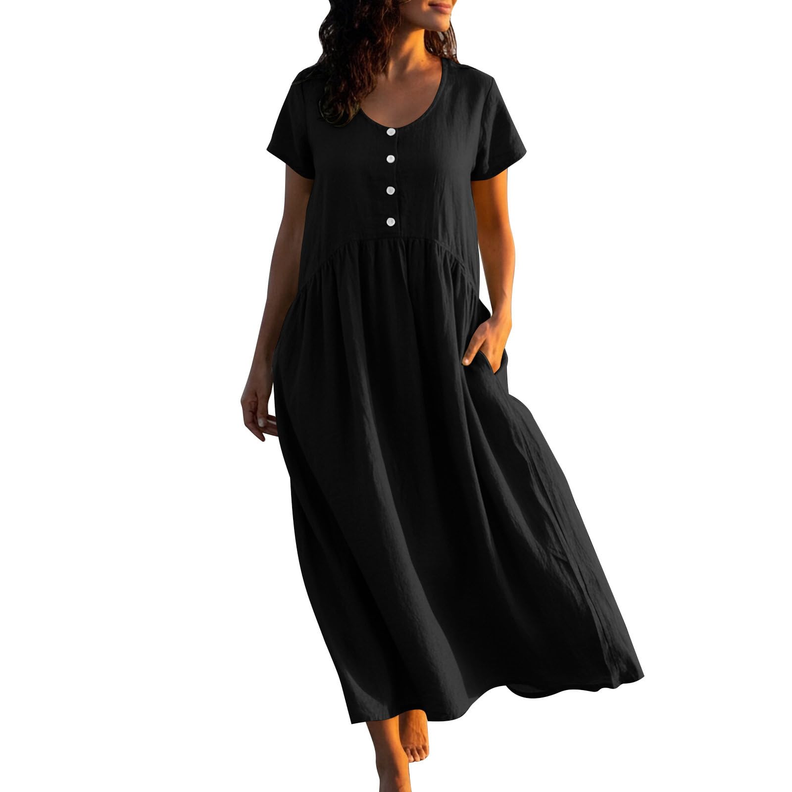 Women s Fashion Color Round Neck Hooded Sleeve Casual Long Beach Vacation A-line Skirt Dress S чёрный