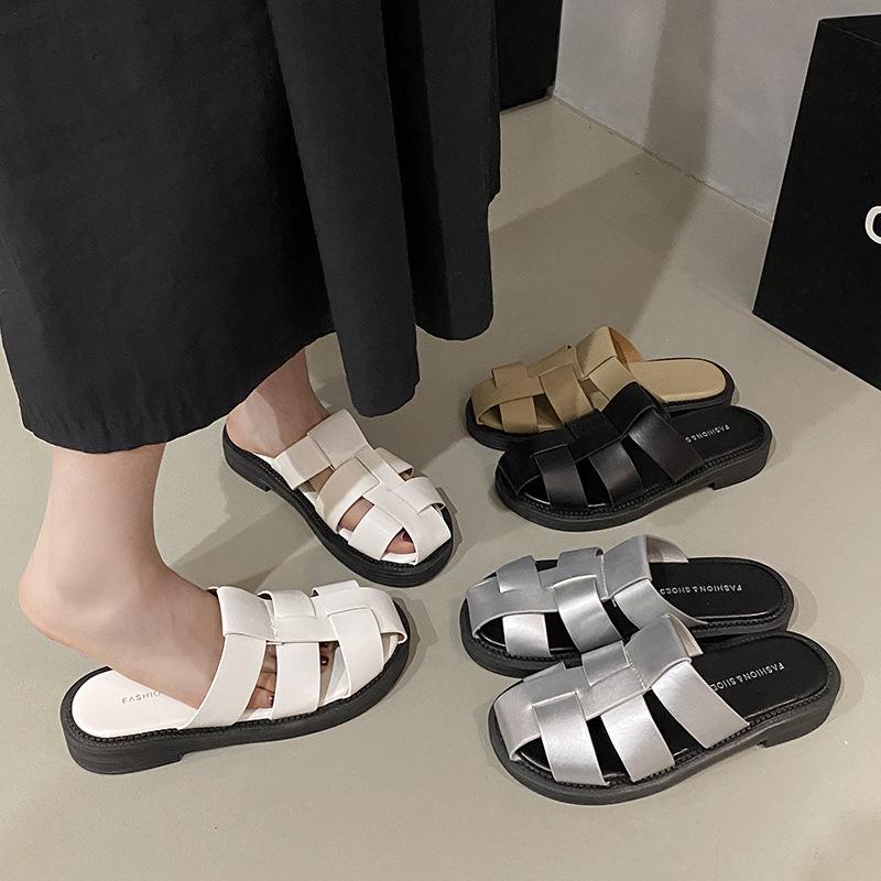 

Thick-bottomed cool slippers women s 2024 spring new comfortable woven Roman flat-bottomed bag head one pedal hollow slippers women 35 хакі