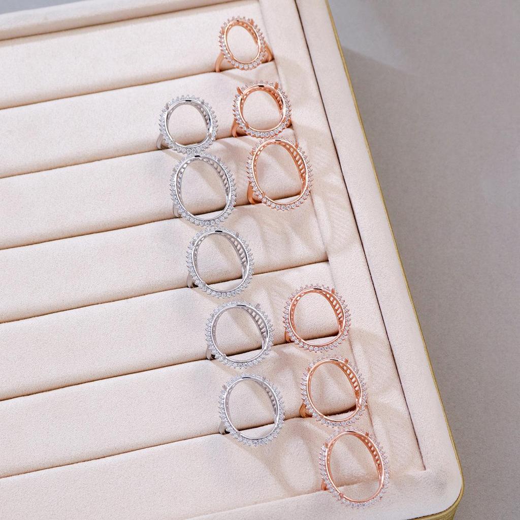 Lady Di Series Adjustable S925 Sterling Silver Rose Gold Plated Oval Ring, Egg-Shaped Empty Setting.