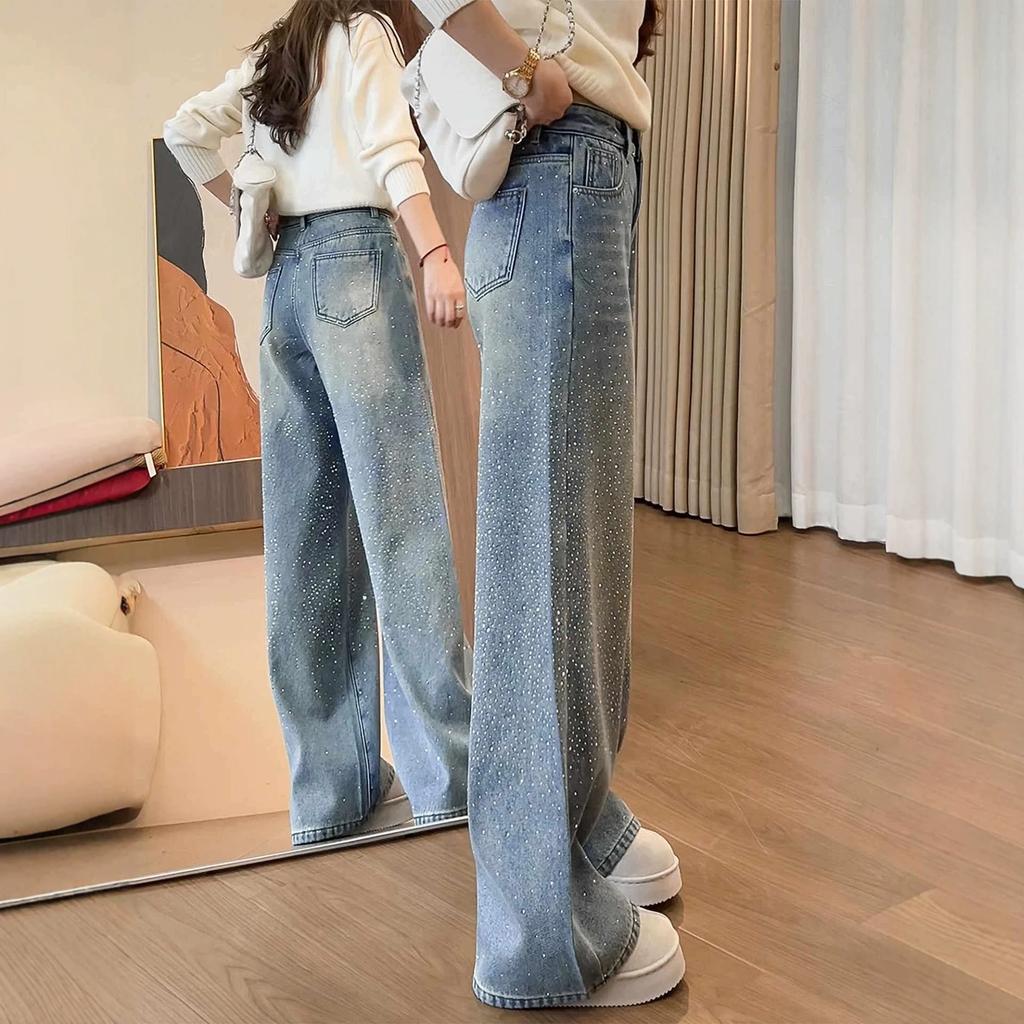 Women's High Rise Wide Leg Jeans Loose Straight Leg Denim Pants Rhinestone Vintage Commuter Trousers For Spring 2026