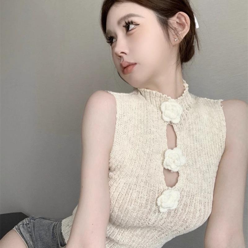 2025 Spring/Summer Hong Kong Style Spicy Girl 3D Floral Hollow Cropped Slim Vest Trendy Knitwear