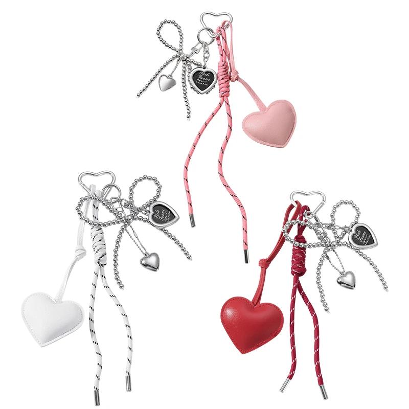 Glossy Leather Pearl Bow Keyring Bead Y2k Love Heart Backpack Pendant Korean Style Bag Charms Bag Purse Decor