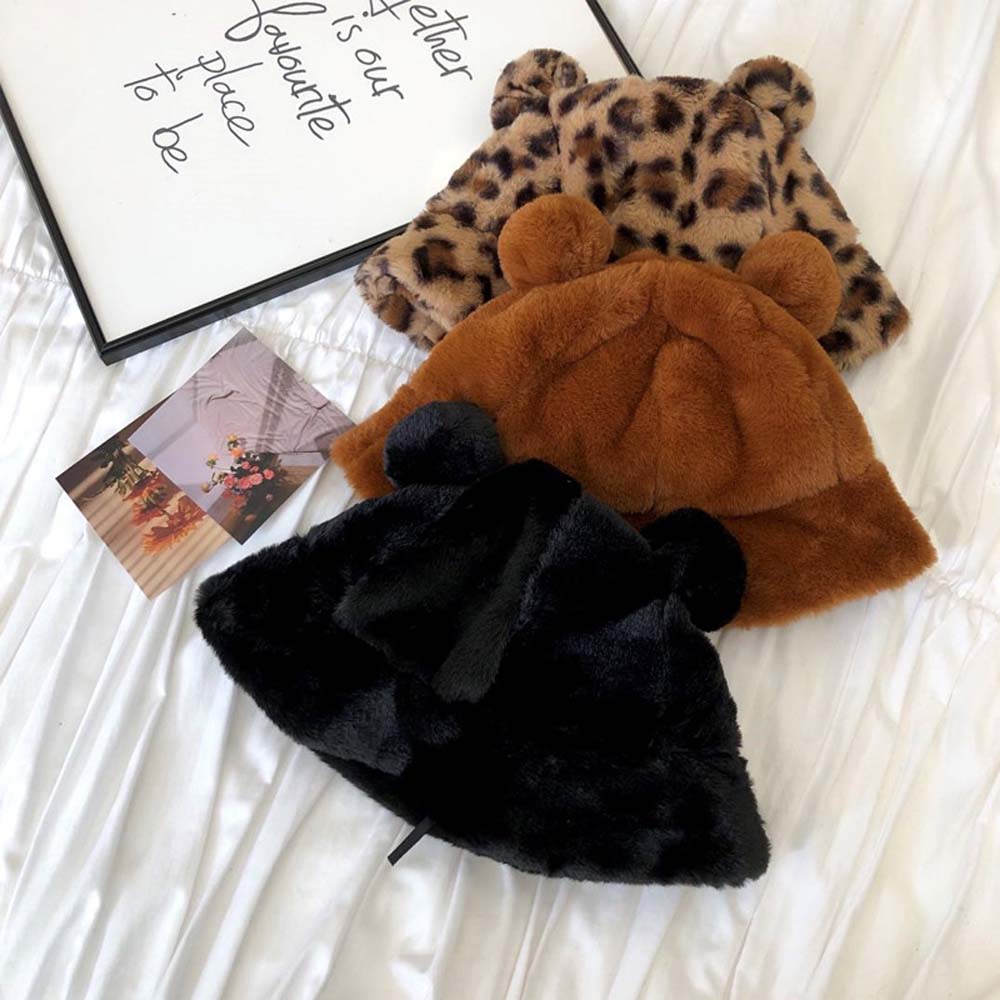 Cute Sweet Korean Bear Ears Leopard Women Bucket Hats Fisherman Hat Plush Basin Hat