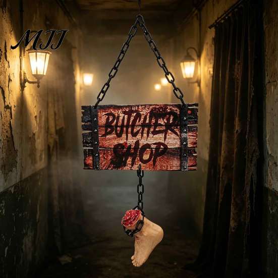 Dark Theme Party Decoration Halloween Butcher Shop Sign, Horror Broken Leg Hanging Foldable Reusable Decor Wall Pendant for Haunted House Corridor