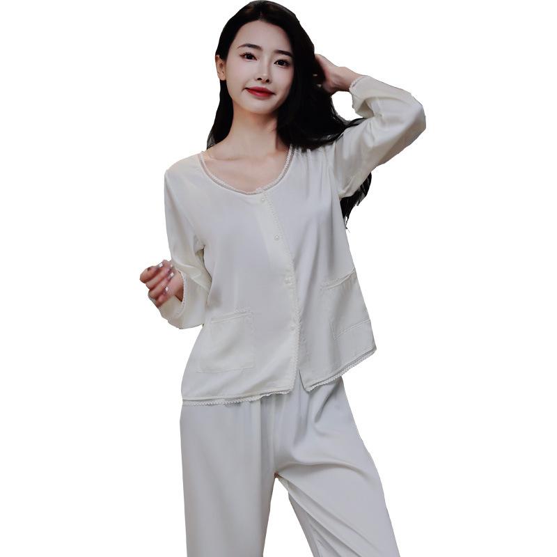 Women’s Ice Silk Lace Pajama Set Long Sleeve Top and Pants Spring Summer Autumn Elegant Palace Style Loungewear