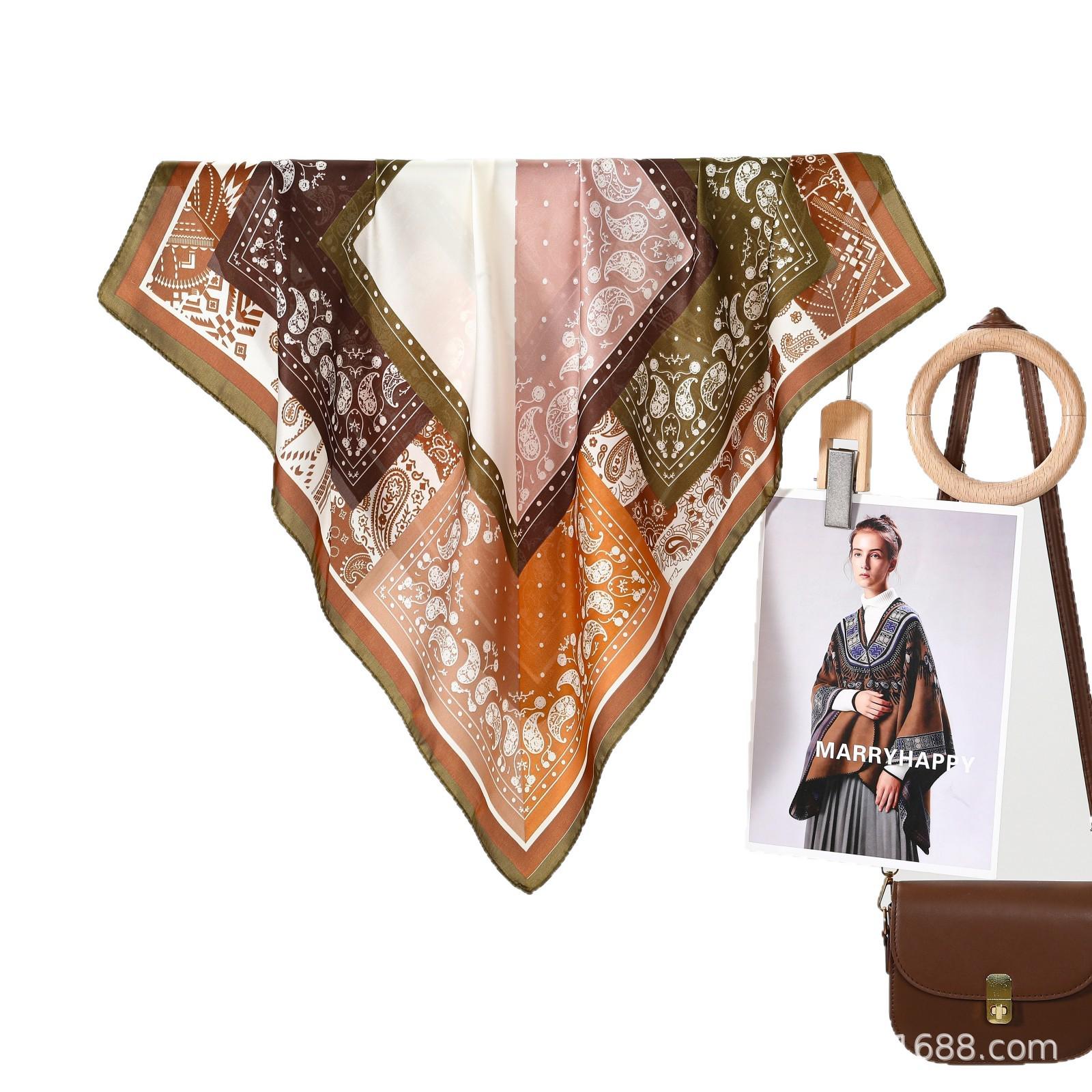 Elegant Cashew Silk Scarf: Versatile Small Neck Accessory for Ladies Color-Block Cashew Brown