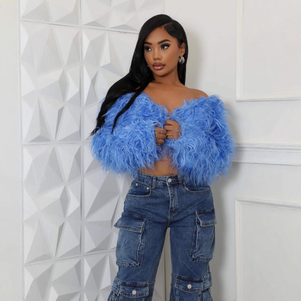Damen Offene Faux Fur Cropped Jacke Locker Langarm Einfarbig Flauschiger Kurzer Mantel Streetwear
