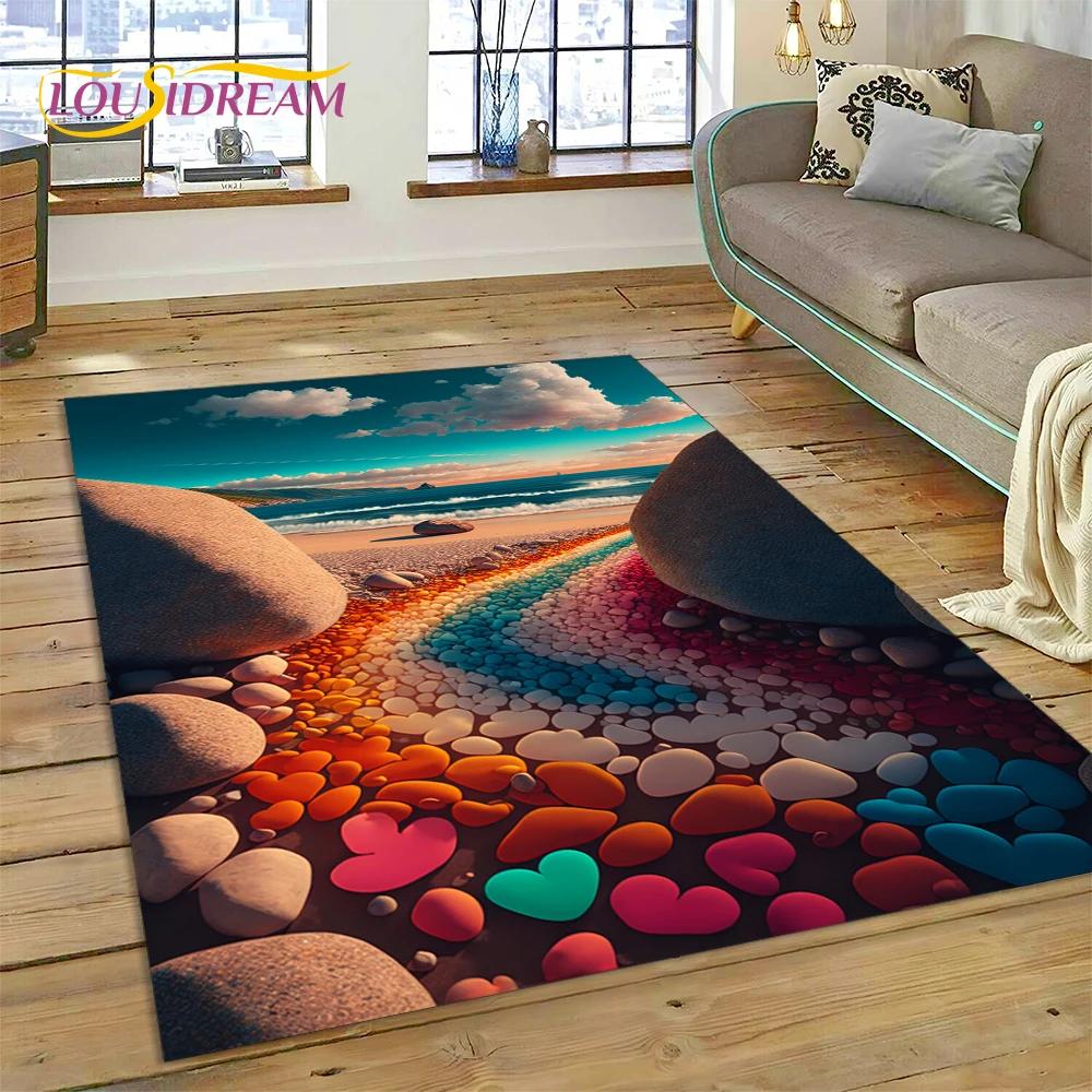 2025 New Style Colorful Pebble Rainbow Road Beach Stone Scenery Carpet Rug for Living Room Bedroom Home Sofa,Non-slip Floor Mat