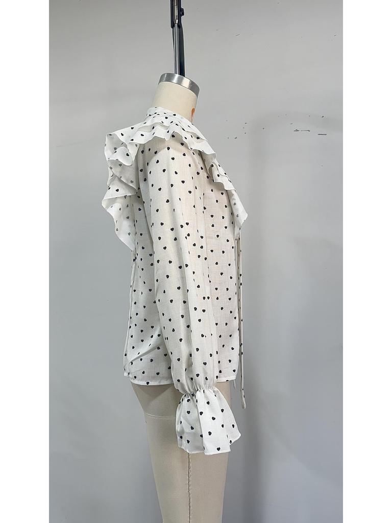 European & American French High-End Polka Dot Ruffle Long Sleeve Bow Tie Women's Shirt for Spring & Autumn