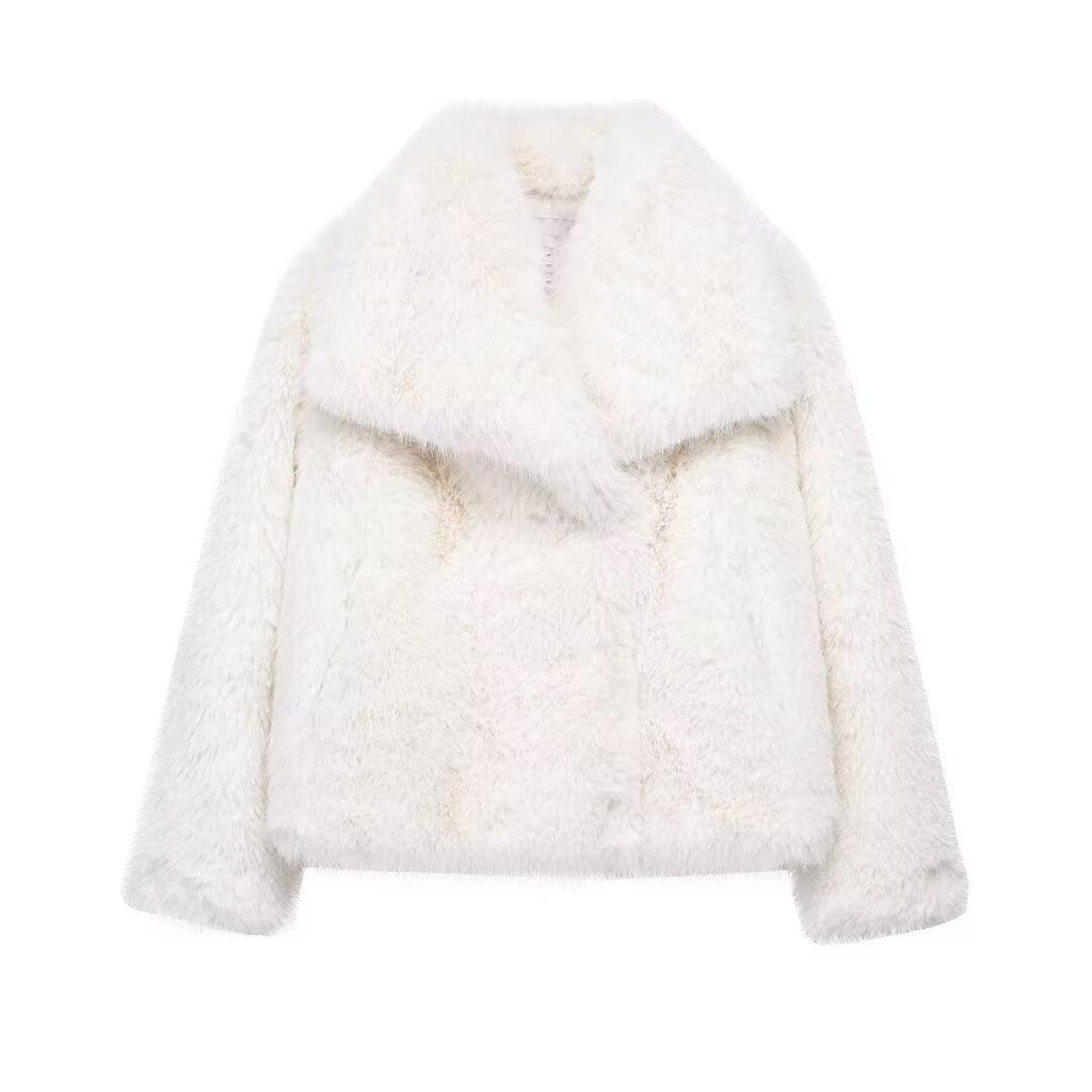 HH Women Fashion Cropped Faux Fur Jacket Coat Long Sleeve Front Snap-button Female Outerwear Chic Lapel Collar Thick Coat