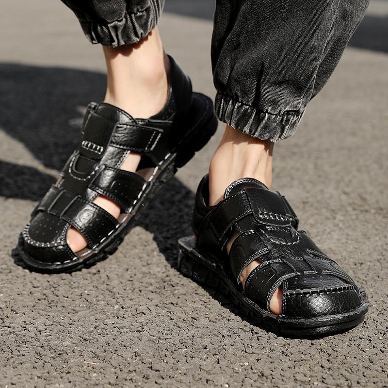 

Мужские походные сандалии Открытые Черная кожа Римские сандалии Широкий носок Закрытый носок Спортивные сандалии Летняя обувь для пляжа для отца Большой размер EU:45 чёрный