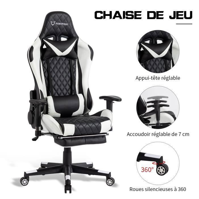 Fauteuil De Bureau - Gamer - Réglable - Repose-pieds - Coussin De Tête - Coussin Lombaire - Blanc