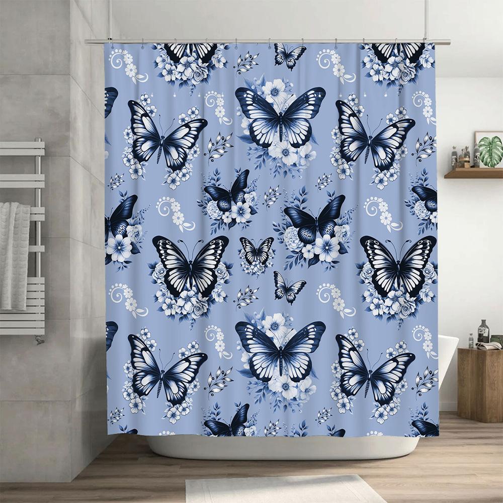 Classic Blue White Butterfly Bath Shower Curtain Set Decorative Shower curtain for Bathroom 3D Printed Waterproof Fabric Size:18
