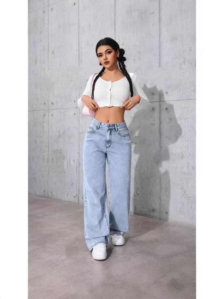 Pantaloni di Jeans da Donna a Vita Alta, Vestibilità Larga, con Dettagli a Bottone per Uso Casual