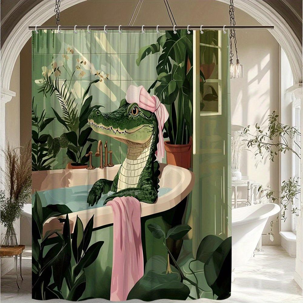 1pc Funny Alligator Pattern Shower Curtain Plant Theme Bathtub Partition Hanging Curtain Suitable for Bathroom Decoration Polyes