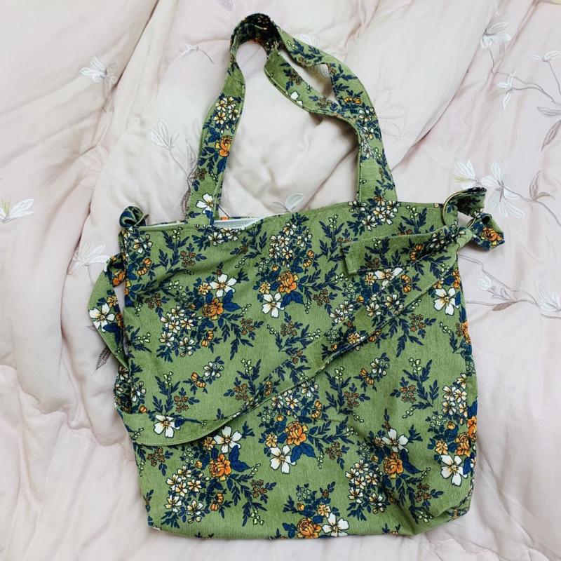 Fashion Retro Floral Print Bag Large-Capacity Corduroy Shoulder Bag Casual Small Fresh Canvas Crossbody Bag