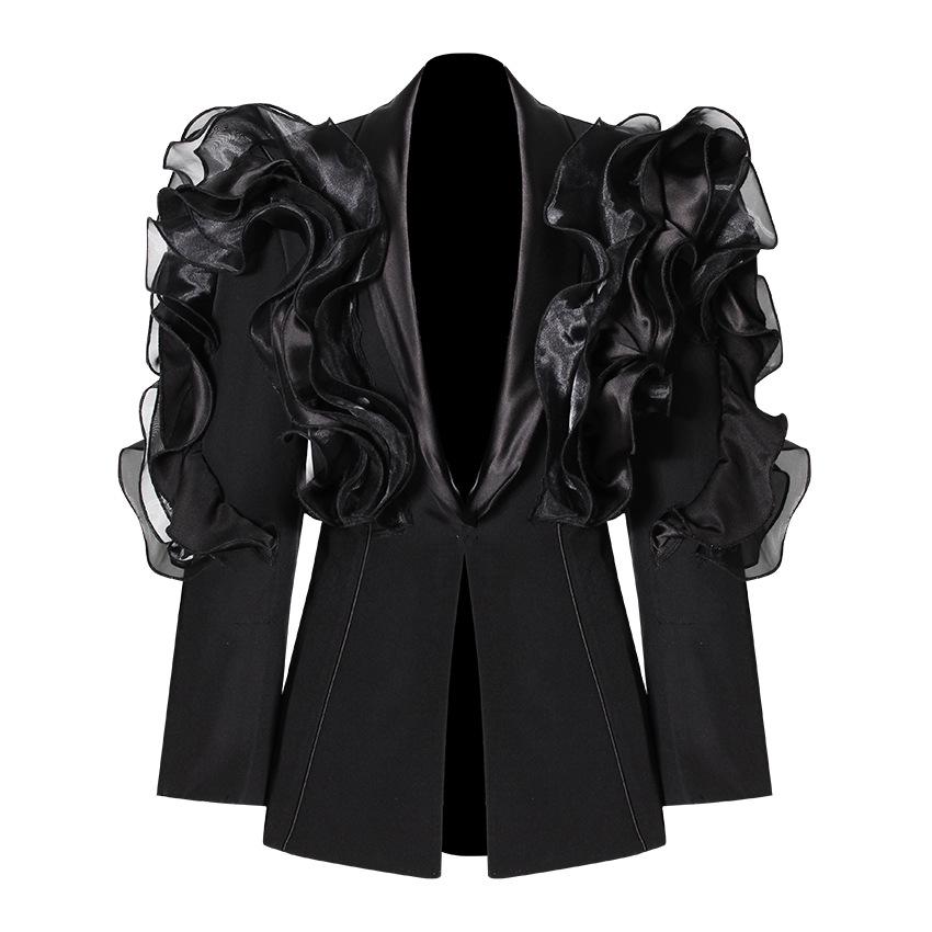 Niche Elegant Black 3D Ruffle Asymmetrical Slim Blazer