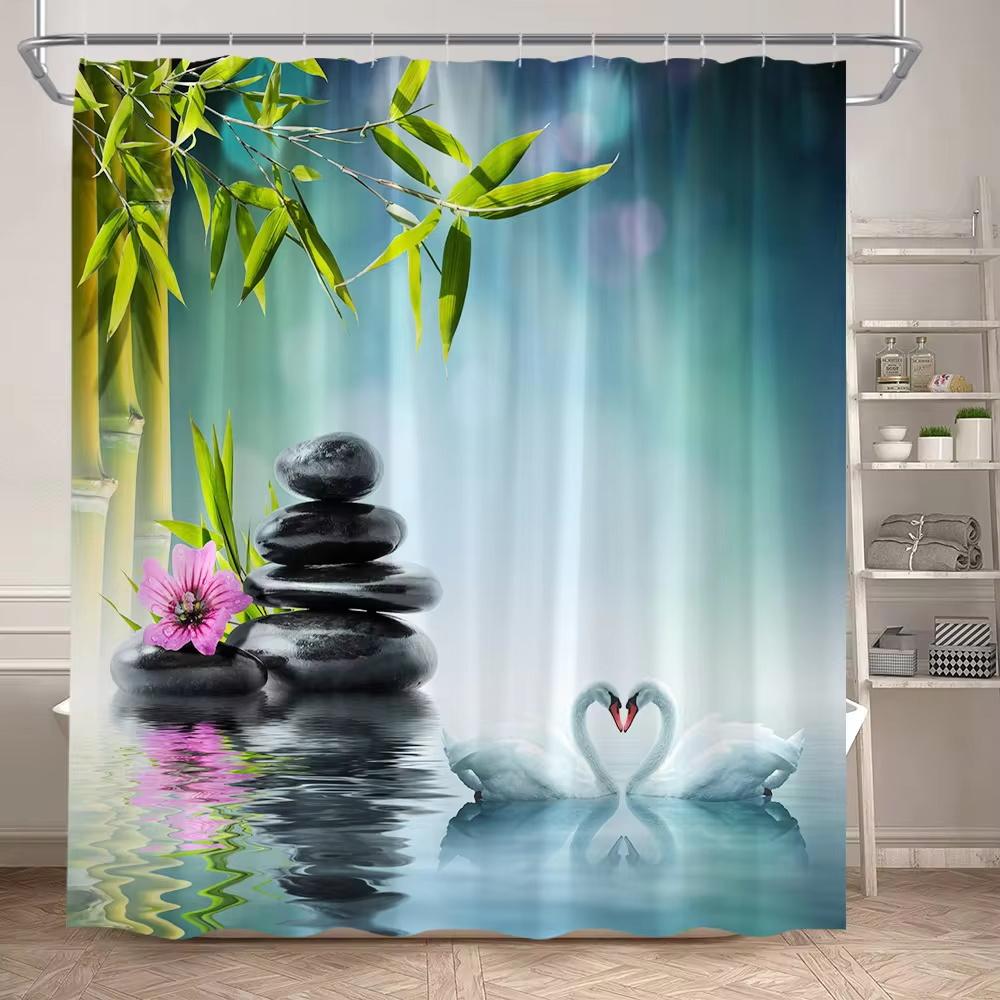 Zen Shower Curtain Natural Flowers Butterfly Grey Stone Reflection Spa Scenery Home Bathroom Decor Polyester Fabric Bath Curtain