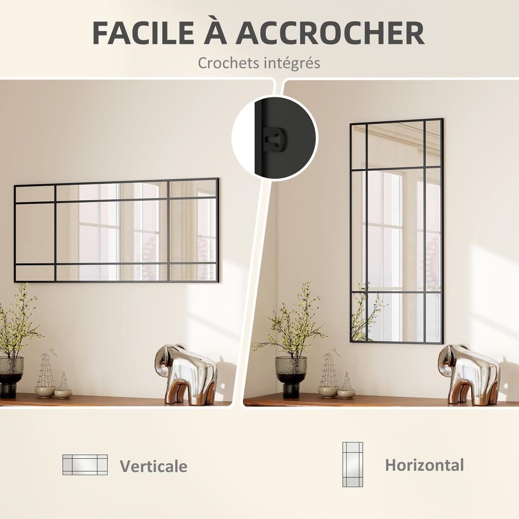 Rectangular window-style glass wall mirror, horizontal or vertical with 4 hooks, in black metal - 110x50 cm