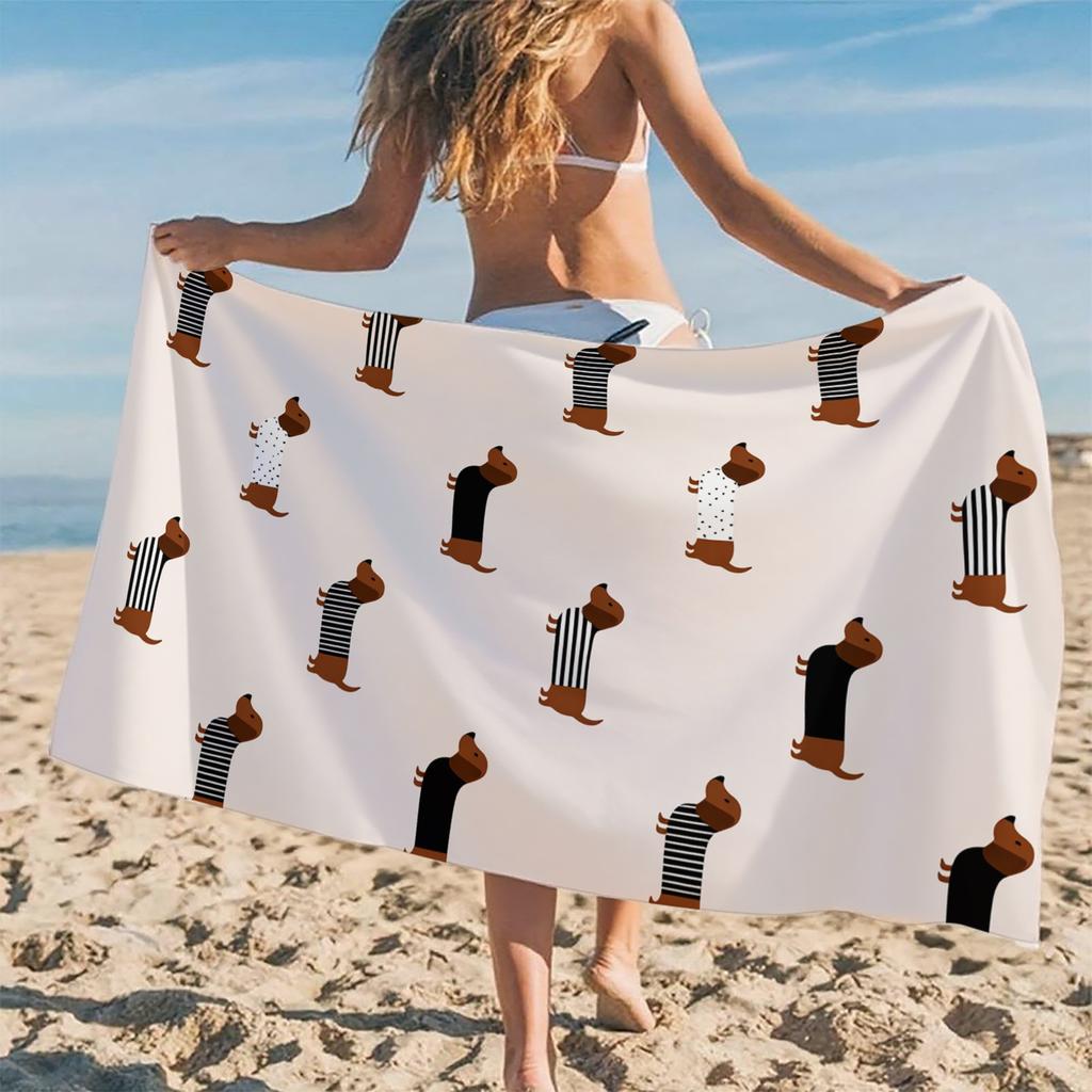 1 Piece Cute Dachshund Seamless Pattern Beach Towel-Soft Microfiber, Quick Dry, Cartoon Dog in Striped Shirts and Dots Travel