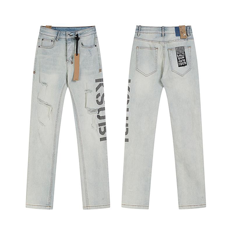 Men s Light Blue Logo Print Distressed Straight Leg Jeans, Ripped Denim Pants 30