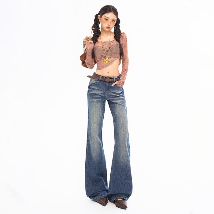 2025 Autumn/Winter Slimming Dark Blue-Gray Micro-Flared Jeans for Tall Women with Versatile Pattern