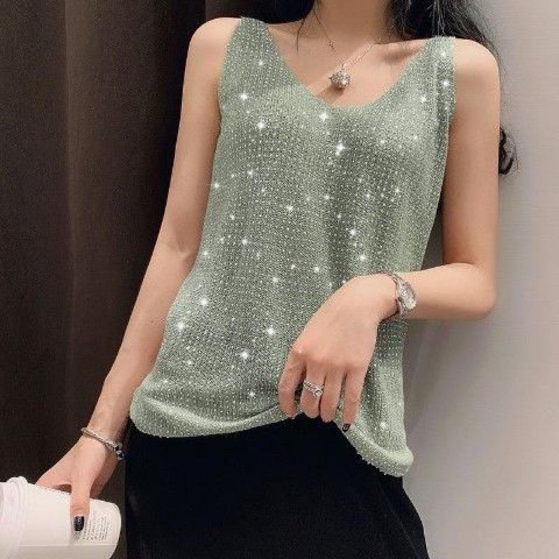 Women Ice Silk Diamond Shirt Female Wild V Neck Sleeveless Loose Short Shirt Tank Top Summer Camis and Vests