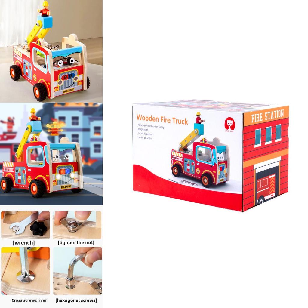 Wooden Led Fire Truck Puzzle Toy With Screwdriver Set For Early Education Kids